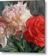 Peonies And Red Rose Metal Print