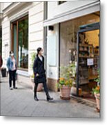 People Waiting In The Queue Outside Pharmacy With Social Distancing Metal Print