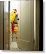 Person In Chicken Costume Sitting On Toilet Reading Newspaper Metal Print