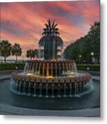 Pineapple Fountain Sunset - Charleston - Waterfront Park Metal Print