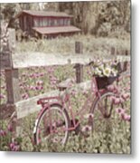 Pink Bicycle In The Farmhouse Poppies Metal Print