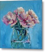 Pink Flowers With Blue Metal Print