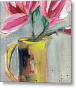 Pink Magnolias In A Yellow Porcelain Pitcher Metal Print