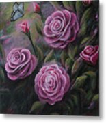 Pink Roses And Blue Butterfly Metal Print