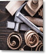 Planer Hammer Chisels Wooden Studs And Curled Shavings On Vintag Metal Print
