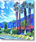 Poolside In Palm Springspalm Springs, Pool, Poolside, Blue, Yellow, Mountain, Storm, Palms, Desert, Metal Print