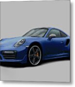 Porsche 911 991 Turbo S Digitally Drawn - Dark Blue With Side Decals Script Metal Print