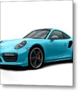 Porsche 911 991 Turbo S Digitally Drawn - Light Blue Metal Print