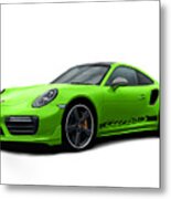Porsche 911 991 Turbo S Digitally Drawn - Light Green With Side Decals Script Metal Print