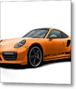 Porsche 911 991 Turbo S Digitally Drawn - Orange With Side Decals Script Metal Print