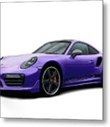 Porsche 911 991 Turbo S Digitally Drawn - Purple With Side Decals Script Metal Print