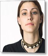 Portrait Of A Caucasian Teenage Girl In A Black Shirt Looks Seriously Into The Camera Metal Print