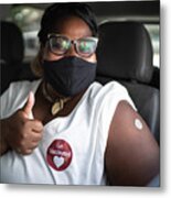 Portrait Of A Happy Woman In A Car With A 'get Vaccinated' Sticker - Wearing Face Mask Metal Print