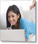 Portrait Of Girl With Laptop Smiling Metal Print