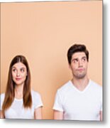 Portrait Of His He Her She Nice Attractive Lovely Curious Bewildered Couple Wearing White T-shirt Thinking Creating Solution Learning Isolated Over Beige Pastel Color Background Metal Print