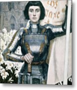 Portrait Of Joan Of Arc With Flag And Lilies On The Background Of Notre Dame Cathedral Metal Print