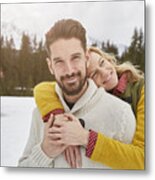 Portrait Of Romantic Couple In Snow, Elmau, Bavaria, Germany Metal Print