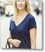 Portrait Of Smiling Mid Adult Woman Standing On Street In City Metal Print