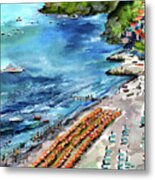 Positano Summer Beach Italy Watercolors And Ink Metal Print