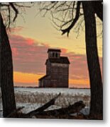 Prairie Sentinel - Lone Abandoned Grain Elevator In Nd Prairie Winter Scene Metal Print