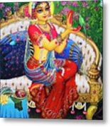 Radha With Parrot Metal Print