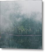 Rainy And Foggy Morning At The Sance Dam. Reflection Of Deciduous Forest On The Water Surface. Autumn Weather. Beskydy Mountains, Czech Republic. Green Colour Metal Print