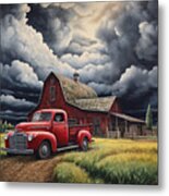 Red Barn Art - Old Red Truck And Red Barn Metal Print