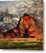 Red Barn - Old Barn Sits In Shadows Of Trees On Autumn Day In Oklahoma Metal Print