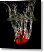 Red Bell Pepper Dropped And Slashing On Water Metal Print