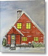 Red Cabin In Snow Metal Print