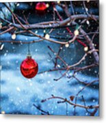 Red Christmas Decorations Hung In A Tree Metal Print