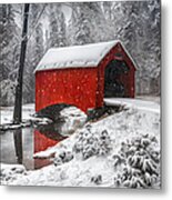 Red Covered Bridge In Snow Metal Print