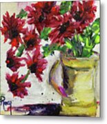 Red Flowers In A Yellow Pitcher Metal Print