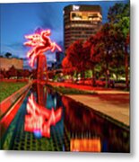 Red Flying Pegasus In Downtown Dallas At Dusk Metal Print