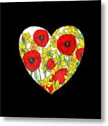 Red Poppies Yellow Daffodils Flower Heart Watercolor Art Metal Print