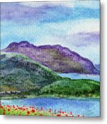 Red Poppy Field Blue Lake And Mountains Watercolor Metal Print