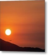Red Sunset And Plane In Flight Metal Print