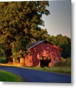Red Tobacco Shed With Tobacco Drying Inside Lit By Setting Sun - Stebbinsville Road Metal Print