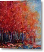 Red Autumn Trees In A Fall Forest  Palette Knife Oil Painting Metal Print