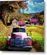 Red Truck In Autumn Colors At The Barns Metal Print