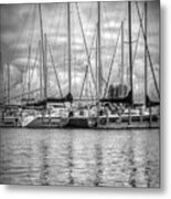 Reflections And Boats At The Harbor In Black And White Metal Print