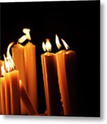 Religious Candles On Black Background. Yellow Candlelight F Metal Print