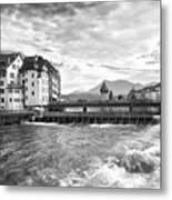 Reuss River Lucerne Switzerland Black And White Metal Print