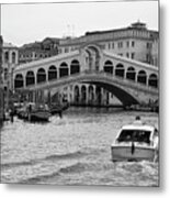Rialto Bridge Over The Grand Canal In Venice Italy Black And White Metal Print