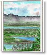 River House Window View Meditative Landscape With Calm Waters And Hills Watercolor I Metal Print