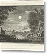 River View With Herder In Moonlight, Abraham Delfos, After Dirk Kuipers, Metal Print