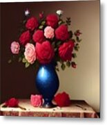 Roses In Blue Vase Metal Print