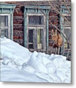 Home - Warm-hearten Russian House,winter Snow Cat Sitting At Fence At Home-old Traditional Log House Metal Print