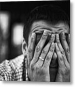 Sad And Depressed Young Man Covering Face - Feeling Depressed Background Concept - Marriage Failure Concept - Depressed Young Adult Portrait - Lonely Sad Widower - Black And White Monochrome Metal Print