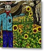 Scare Crow In The Sunflower Field. Metal Print